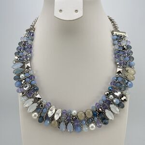 Stunning Silver Tone Blue White Stone Glass Beaded Rhinestone Bib Necklace